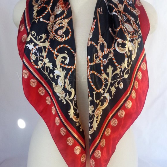 "Elizabeth” satin polyester scarf, Red/black $6.99 Shipping NWOT 35” square - Picture 3 of 4